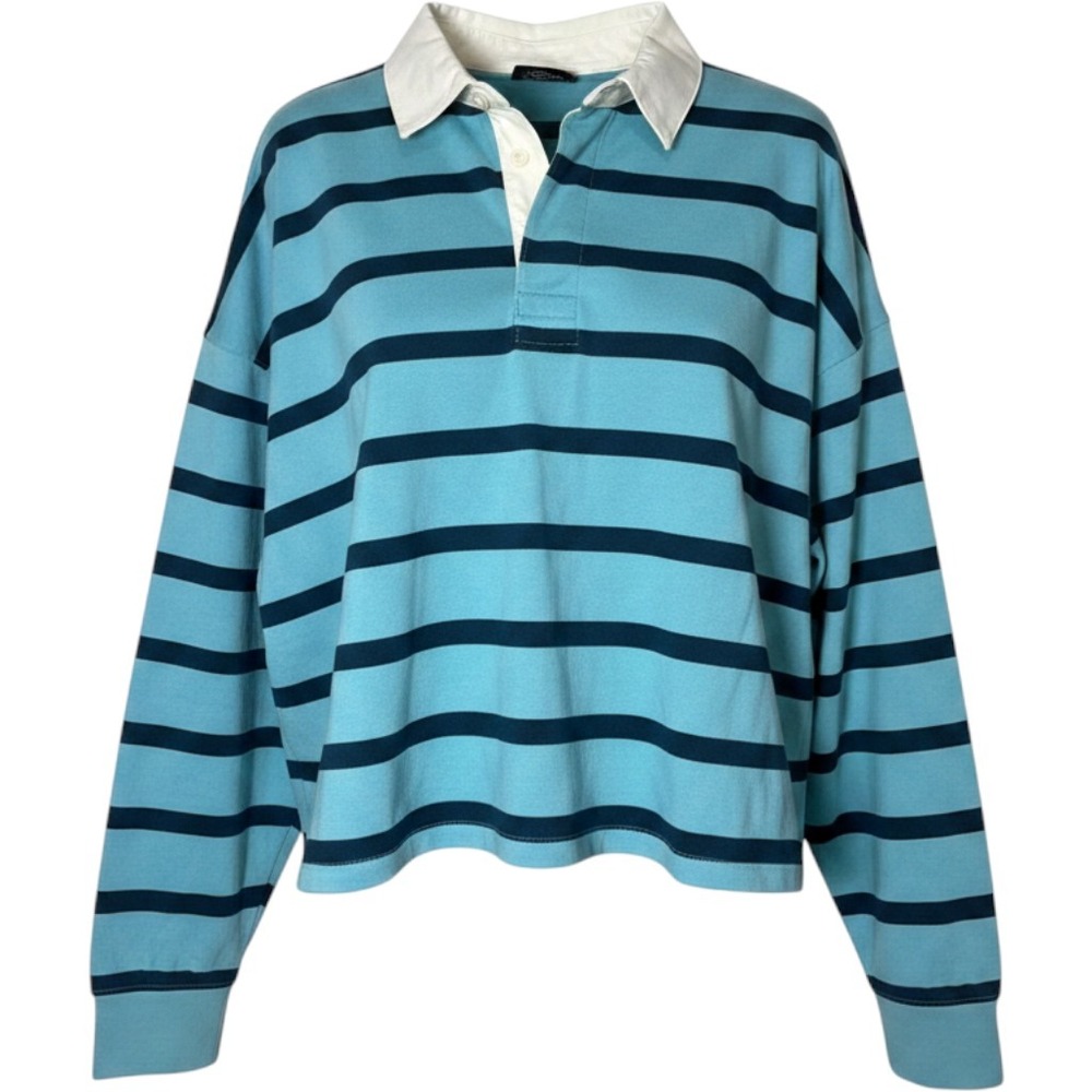 Champion Womens 2X Rugby Polo Shirt Blue Striped Long Sleeve Loose Fit New